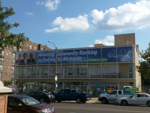 commercial window graphic across building